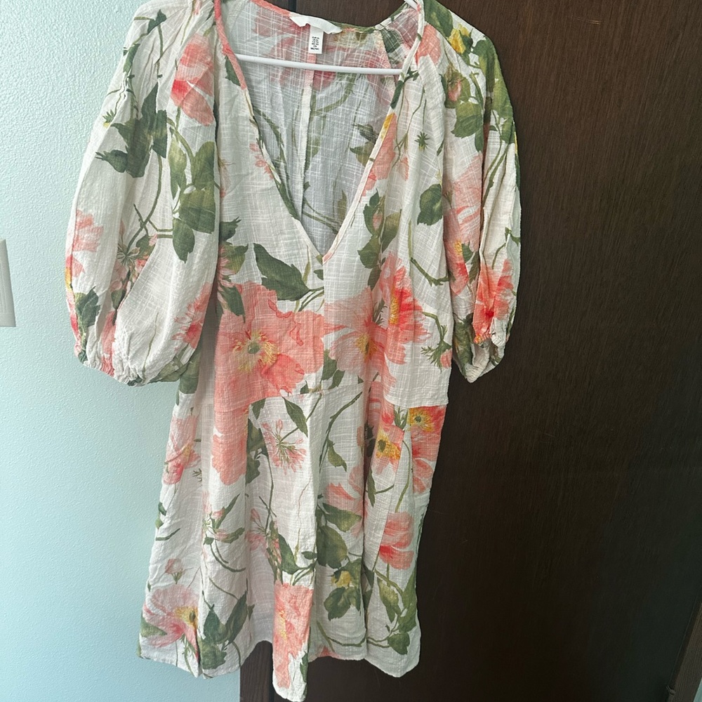 H&M Floral Puff Sleeve Dress Green and Pink